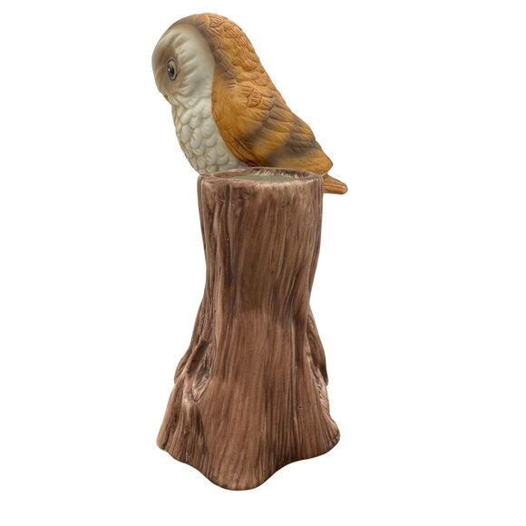 Vtg 70s Ardco Owl Family Bisque Porcelain Planter Bud Vase Tree Stump Mushroom - Picture 8 of 14